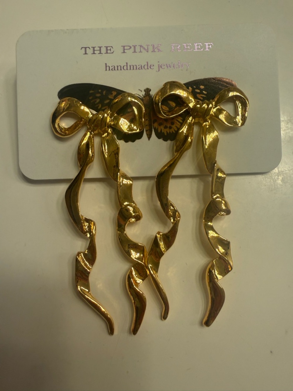 The Pink Reef Gold Bow Drop Earrings NWT